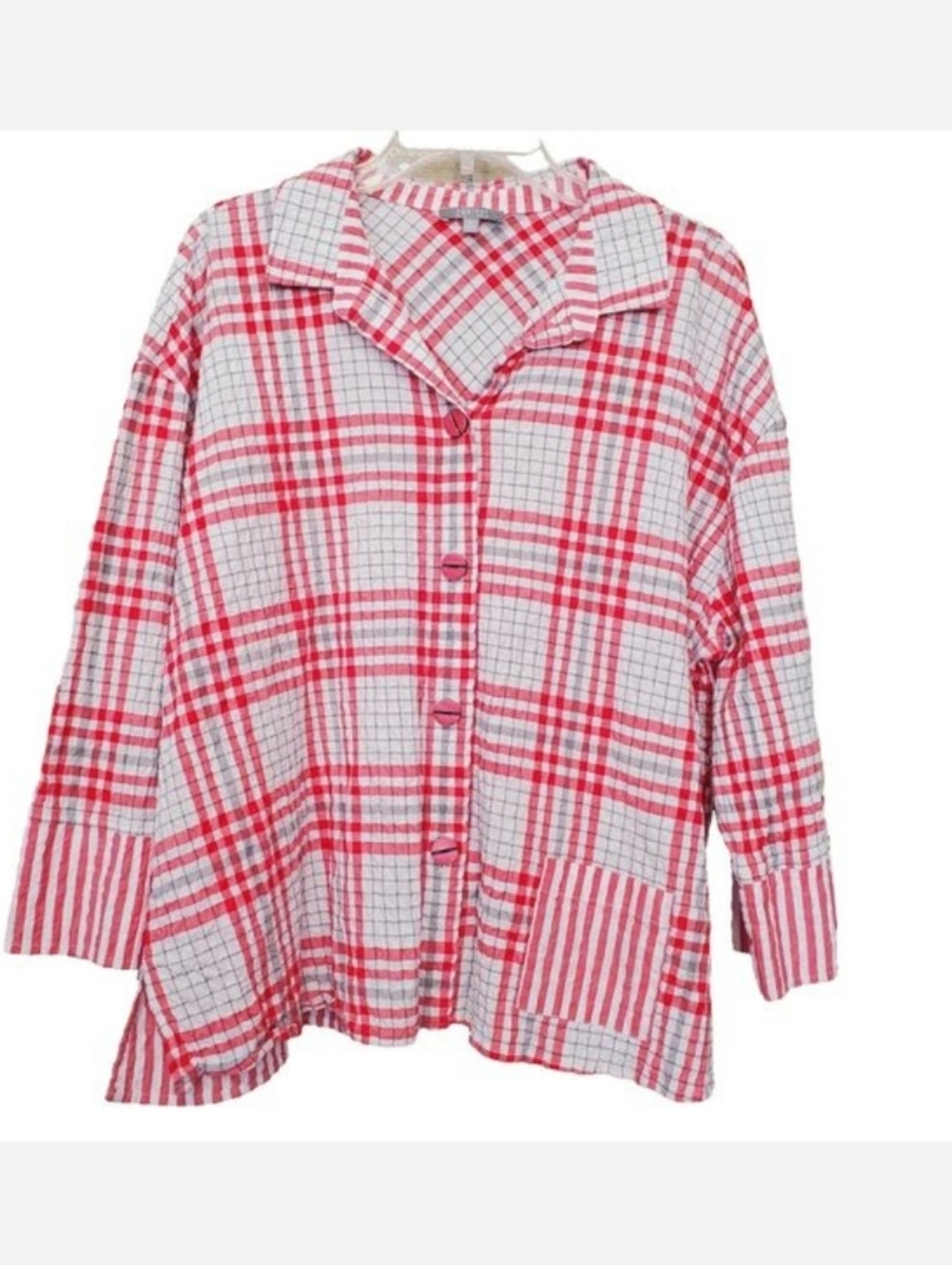Habitat Red/Gray Plaid Crinkle Button-Up Tunic Size Large Lagenlook EUC